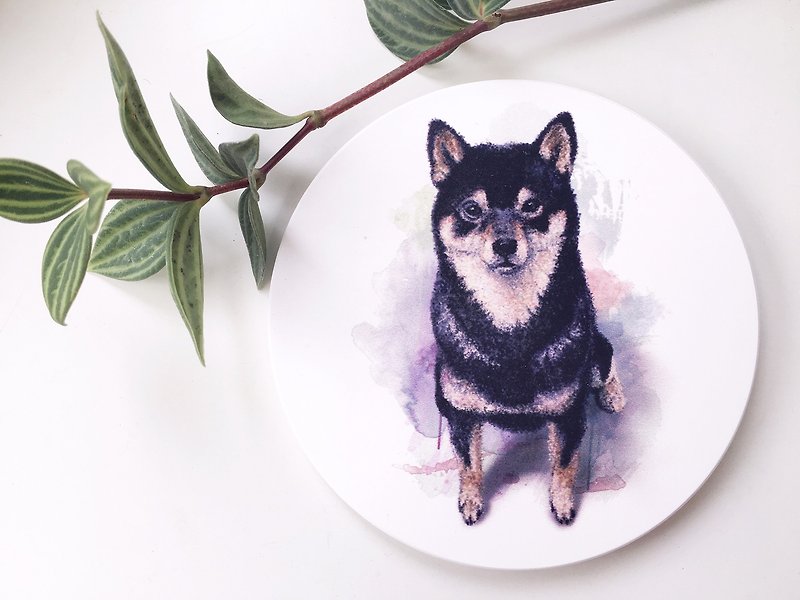 动物插画陶瓷吸水杯垫【黑柴犬】 - 杯垫 - 陶 白色