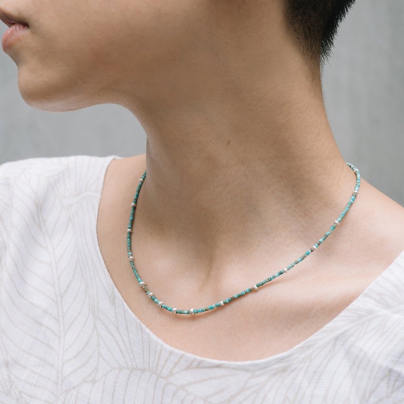 Blue and brown Turquoise and silver beads necklace (N0036) - 项链 - 银 蓝色