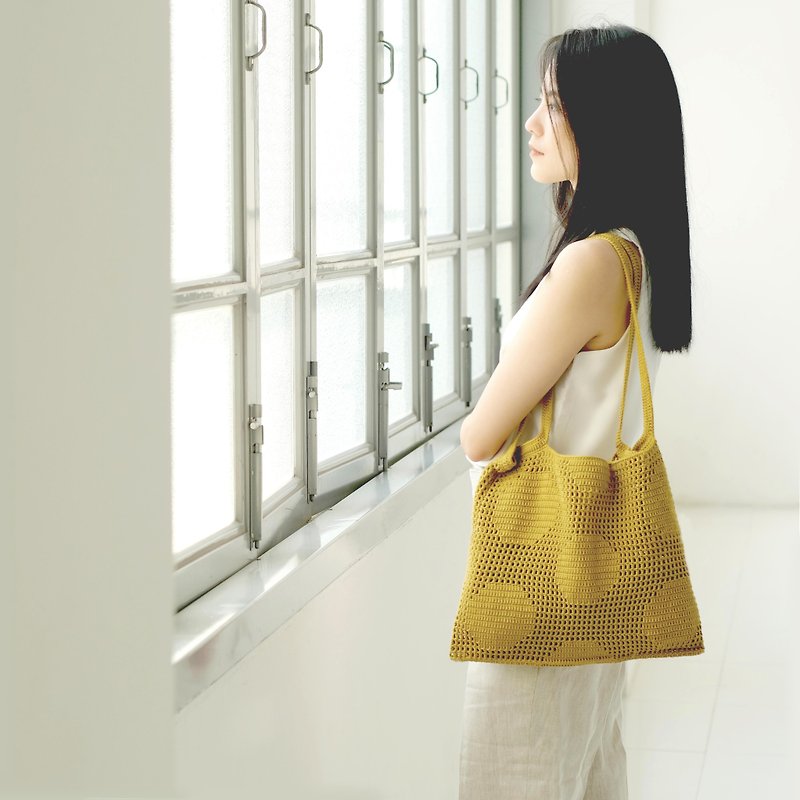 Crochet Polka Dot Tote Bag | Mustard - 手提包/手提袋 - 其他材质 黄色