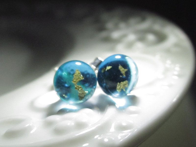 ×| 金箔系列 |× 琉璃耳环- STE湖水蓝-O型 - 耳环/耳夹 - 玻璃 蓝色
