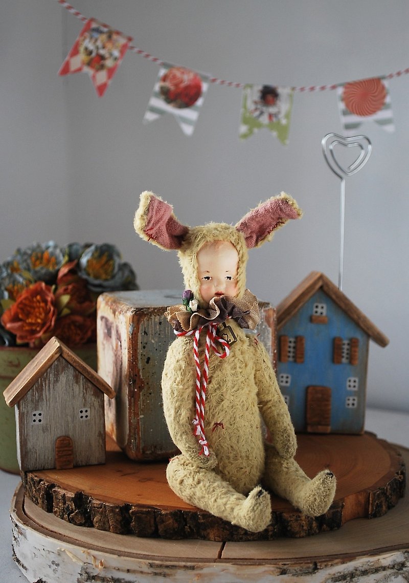 艺术家兔子兔子 熊复古风格他们的朋友手工制作 OOAK 泰迪娃娃 - 玩偶/公仔 - 其他材质 多色