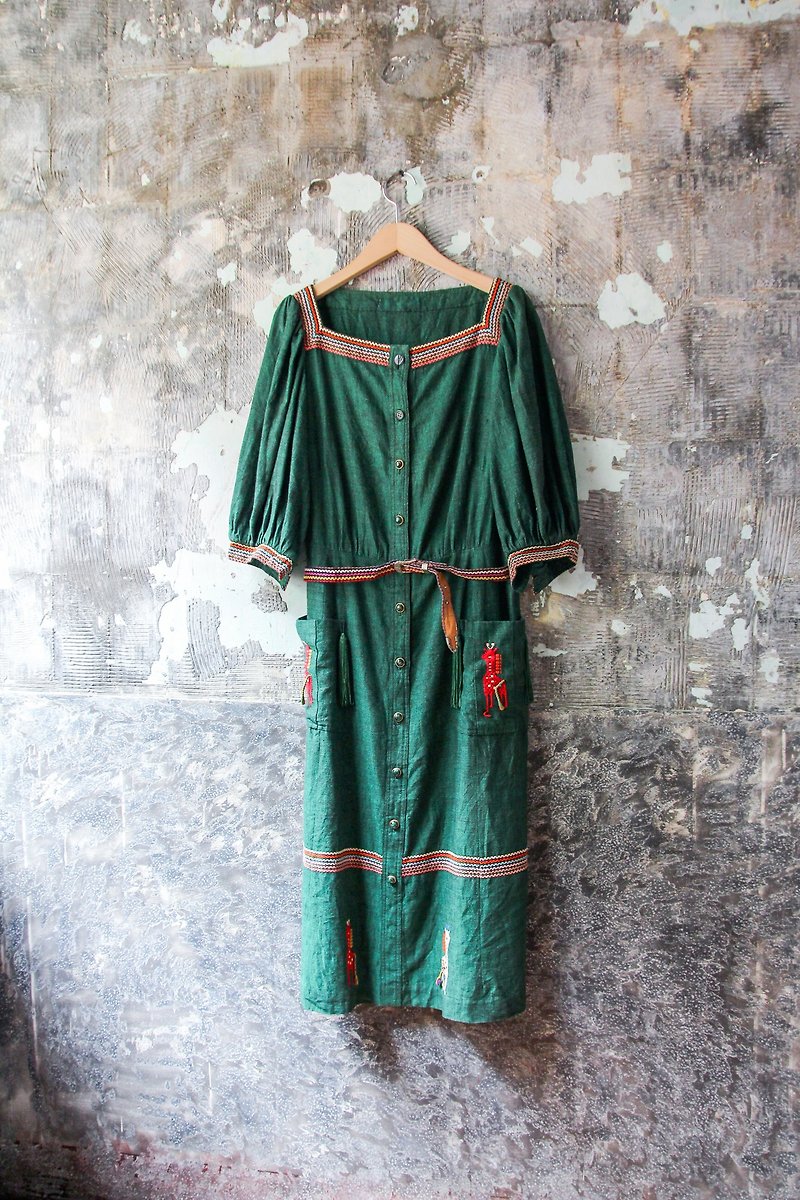 袅袅百货公司-Vintage 方领彩色编织童趣墨西哥洋装 复古着 - 洋装/连衣裙 - 棉．麻 