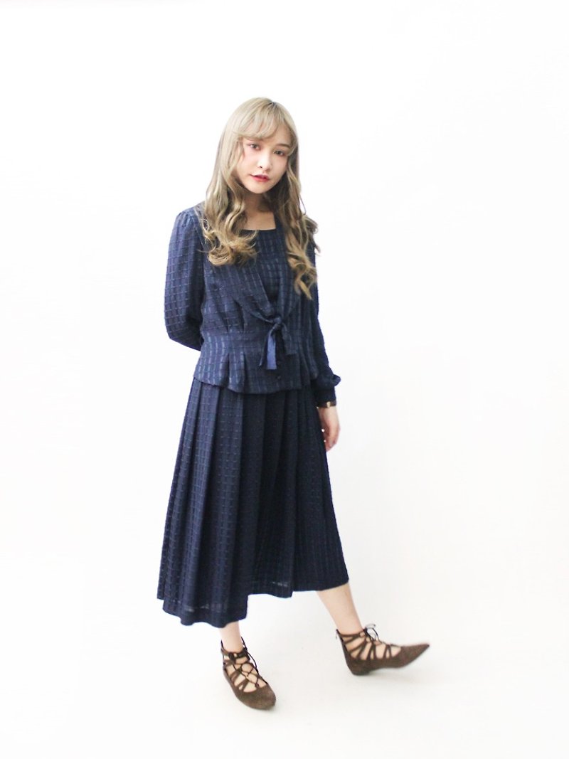 早秋日本制复古假两件深蓝色长袖古着洋装 - 洋装/连衣裙 - 聚酯纤维 蓝色