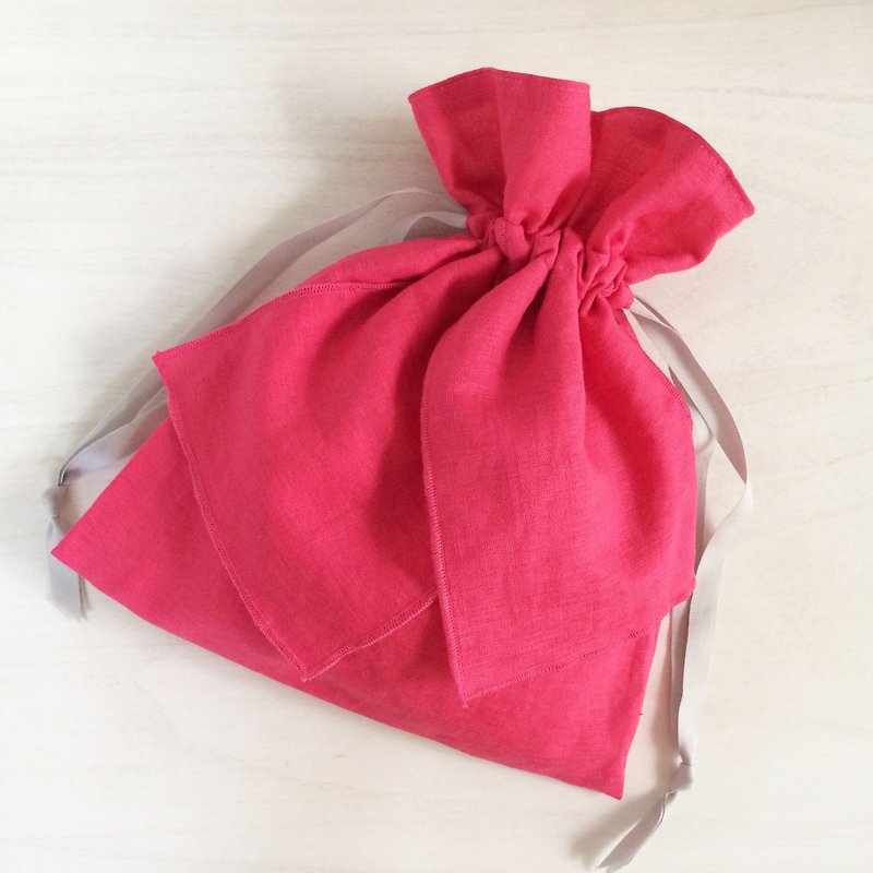 コットンリネン リボン巾着 ピンク - 化妆包/杂物包 - 棉．麻 粉红色