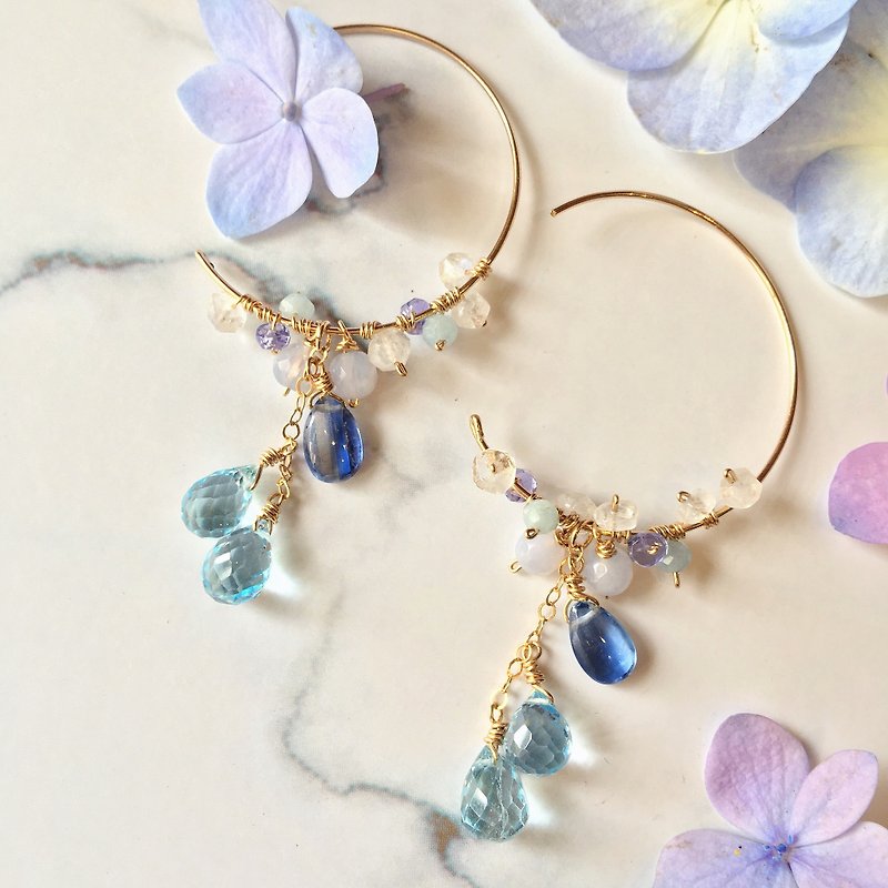 手工耳环 蓝色水晶圈 - 耳环/耳夹 - 宝石 蓝色