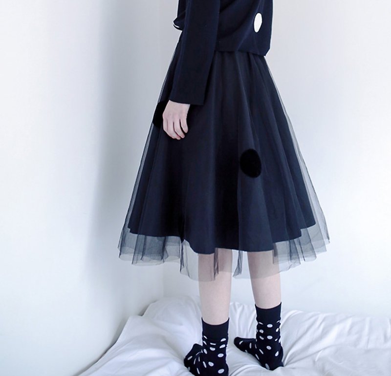 黑色网纱点点中长裙 - imakokoni - 裙子 - 棉．麻 黑色