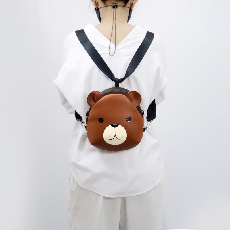 Brown bear mini backpack ,Bear crossbody bag,hand painted bag, handmade backpack - 后背包/双肩包 - 人造皮革 咖啡色