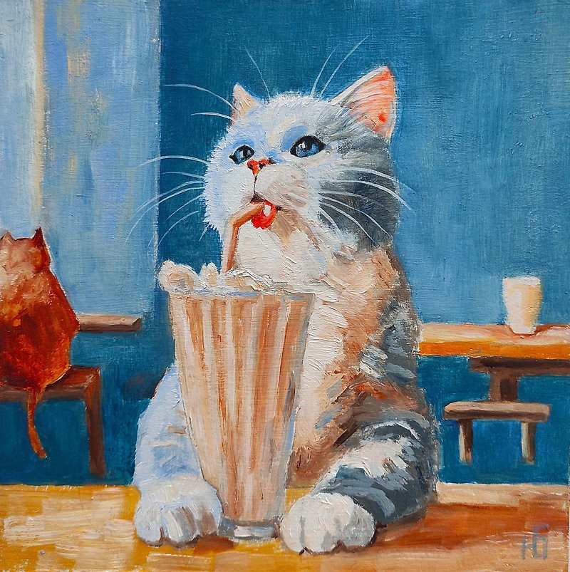 猫原创油画，有趣的宠物肖像，小猫墙壁艺术。油画, 油画原作 - 海报/装饰画/版画 - 其他材质 多色