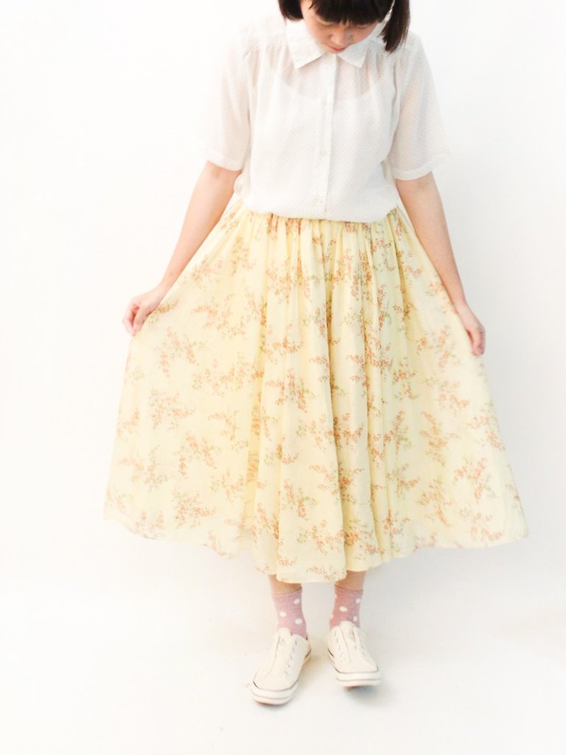 复古夏日田园风碎花黄色松紧腰古着长裙 Vintage Skirt - 裙子 - 聚酯纤维 黄色