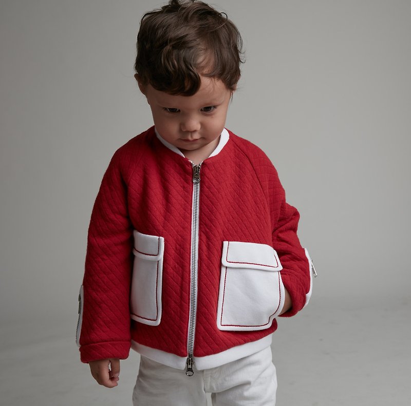 大口袋格菱纹外套 (红) - 童装外套 - 棉．麻 红色