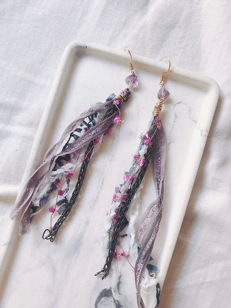 日本棉纱线海巫天然紫水晶流苏耳环 - 耳环/耳夹 - 棉．麻 紫色