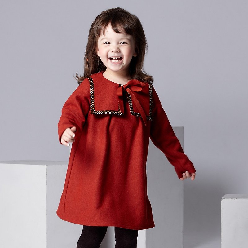 Ángeles-印花配色大方领毛料洋装 (2-6岁) - 其他 - 羊毛 红色