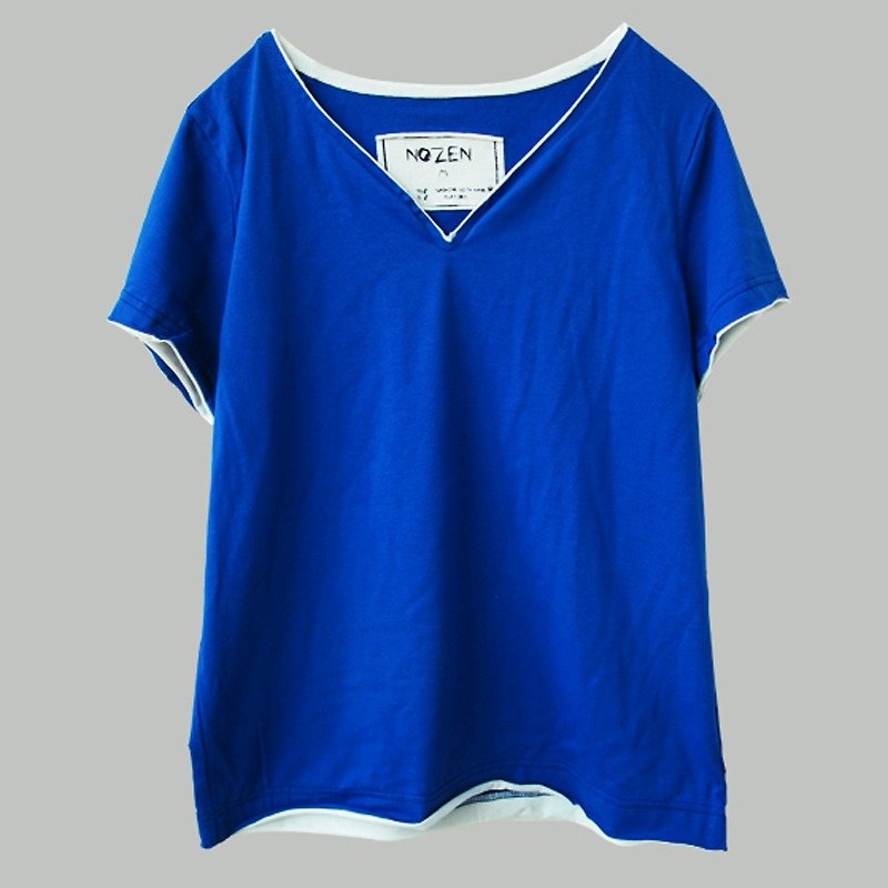蓝色纯棉短袖V领T恤-[荒腔]独立设计师品牌 - 女装 T 恤 - 棉．麻 