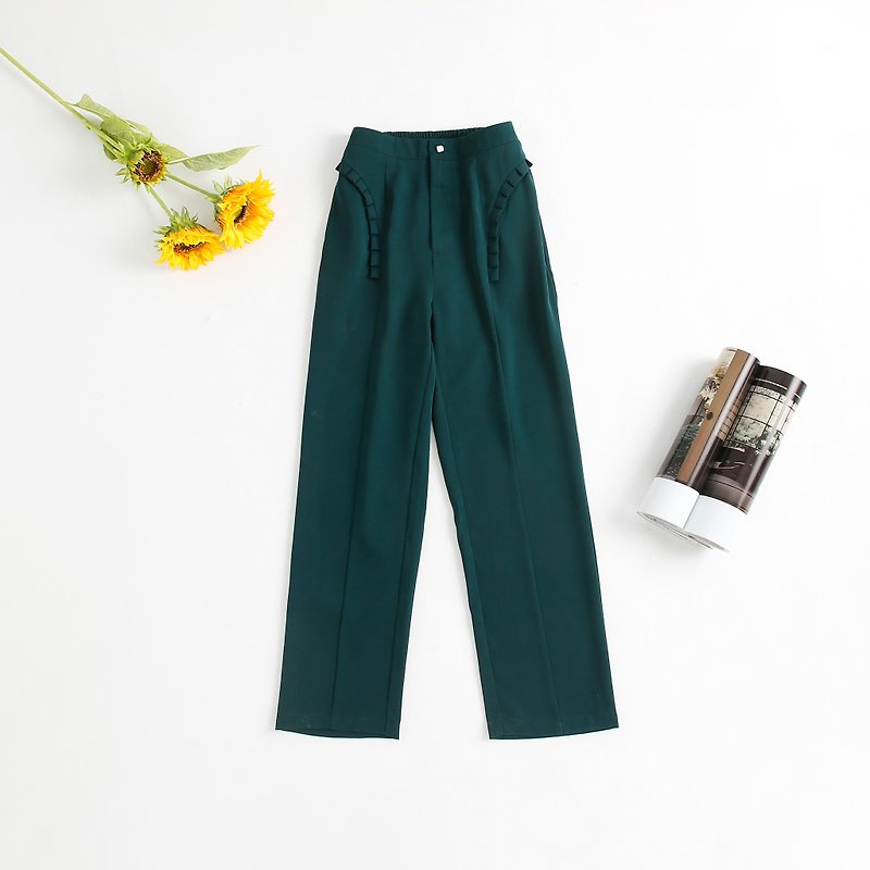 压褶装饰西裤--绿色--无里衬 - 女装长裤 - 聚酯纤维 绿色
