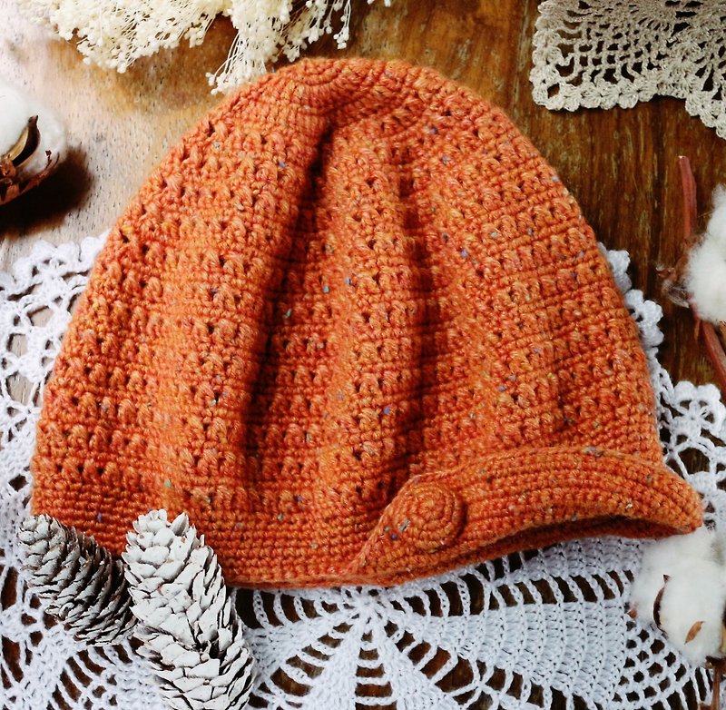 手作-小小帽檐棒球帽-贝蕾帽-毛线毛帽 - 帽子 - 羊毛 橘色