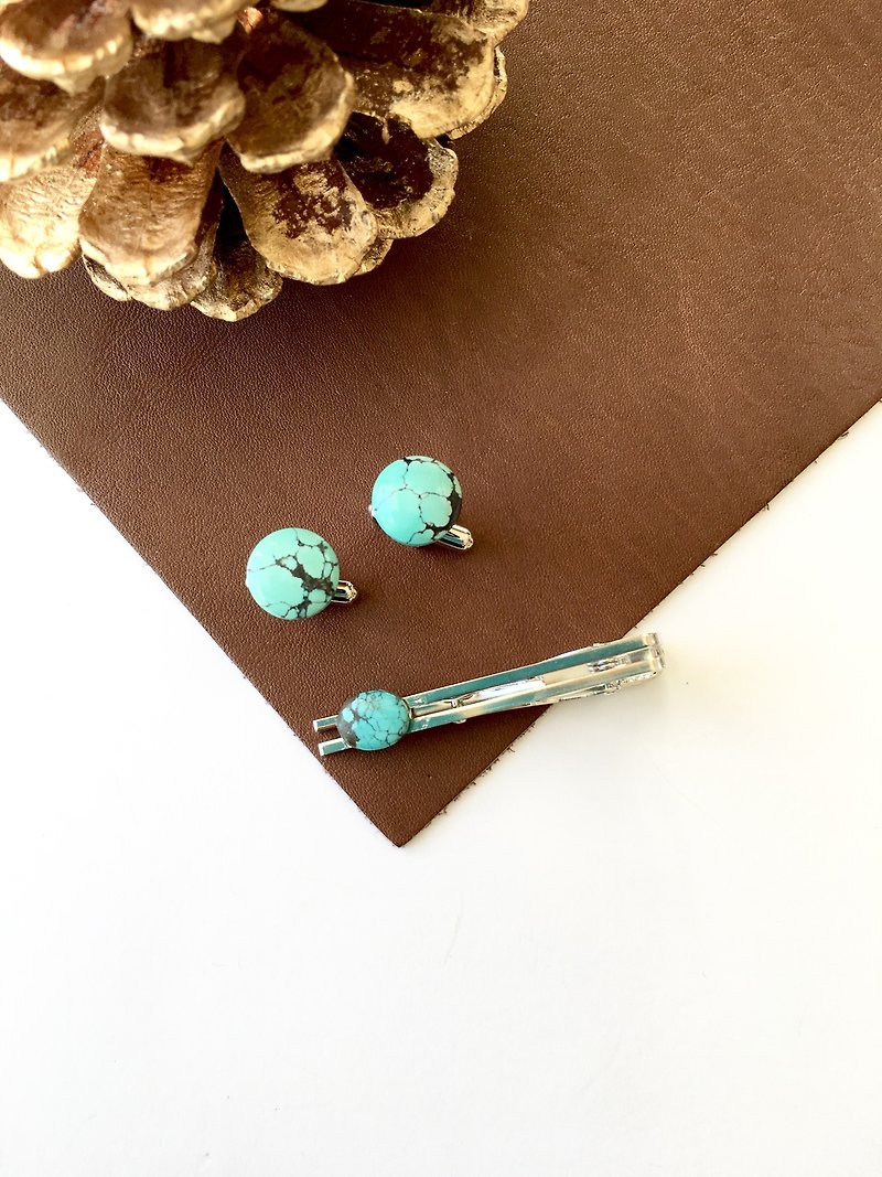 Kingman Turquoise Set-up  Tiepin Necktie pin, Cuffs,  For gift - 袖扣 - 石头 蓝色