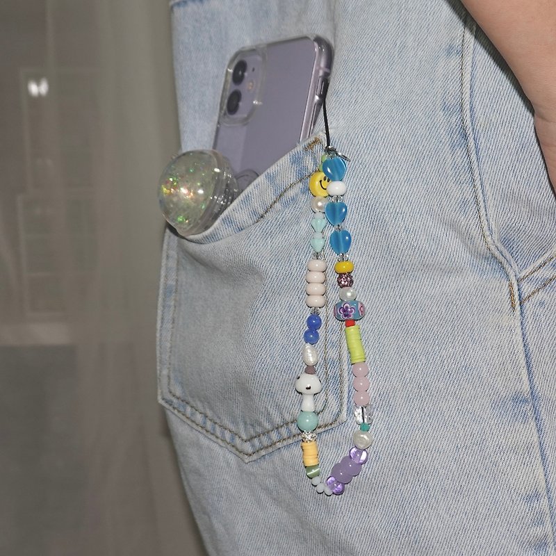 手机带有趣的串珠手机带 - 挂绳/吊绳 - 玻璃 蓝色
