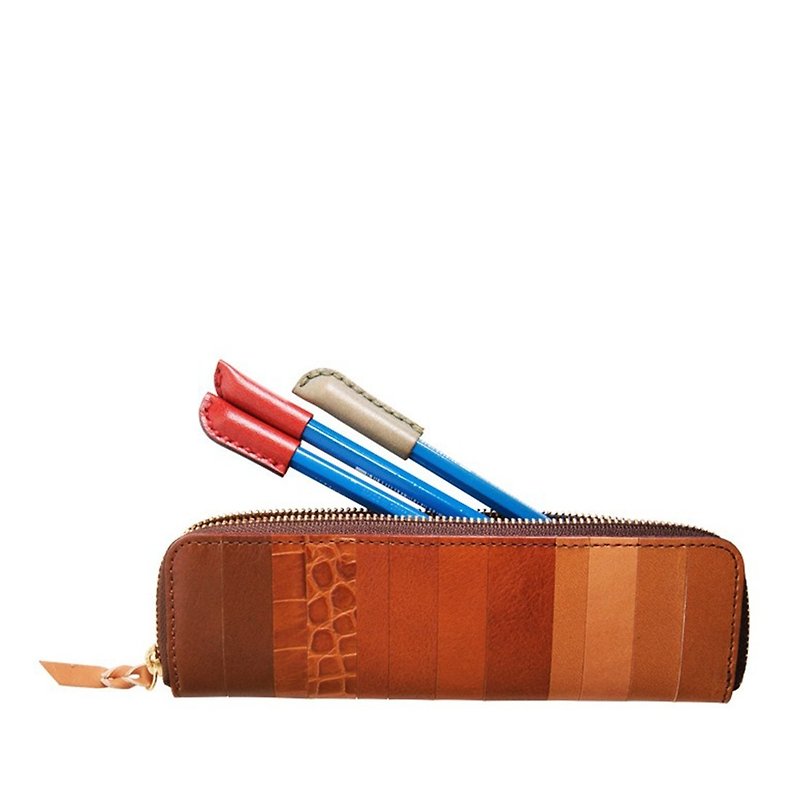 条纹皮革笔套 - 铅笔盒/笔袋 - 真皮 咖啡色
