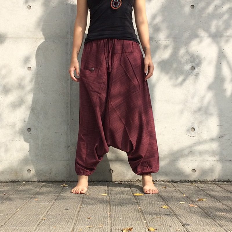 旅行裤-阿里巴巴裤 (勃艮第红)(单口袋)(条纹棉麻) - 女装长裤 - 棉．麻 红色