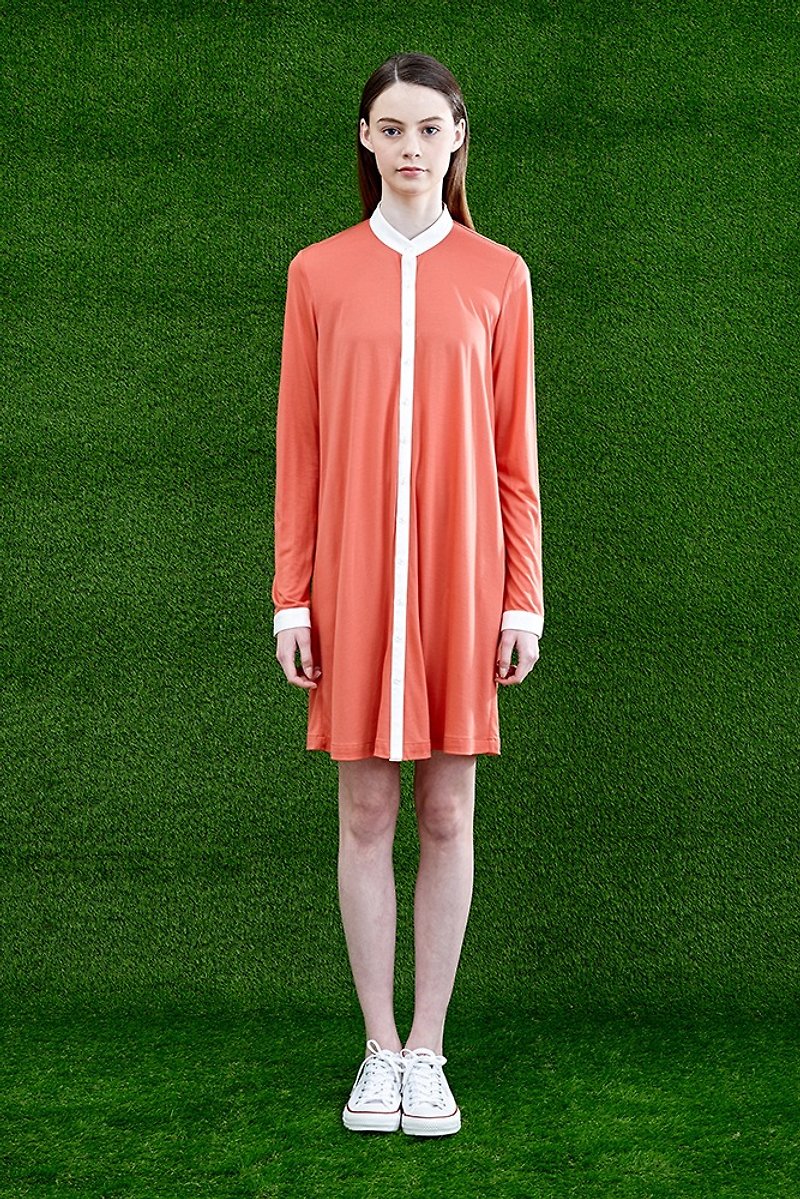 【换季特卖】橘白色拼接针织衬衫洋装 - 洋装/连衣裙 - 棉．麻 橘色