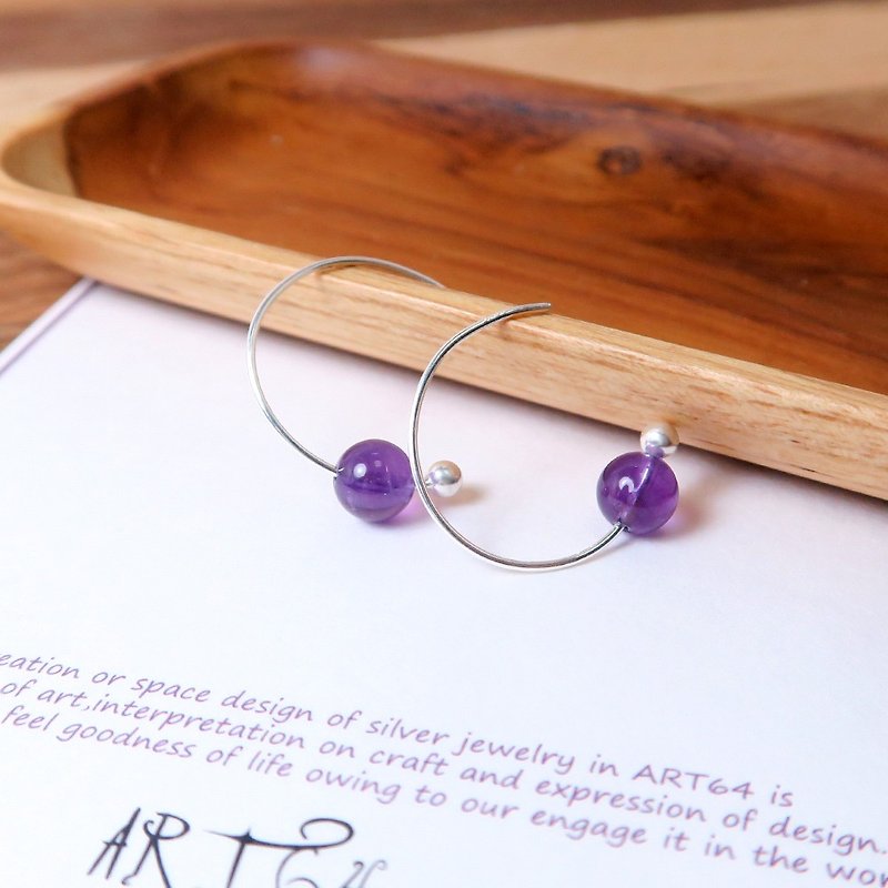 紫水晶 新月耳环(大)-925纯银天然石耳针 - 耳环/耳夹 - 纯银 银色