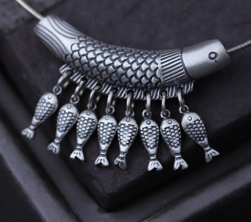 Real S990 Silver Fine Jewelry for Women Ethnic Carve Fishes Tassel Pendant