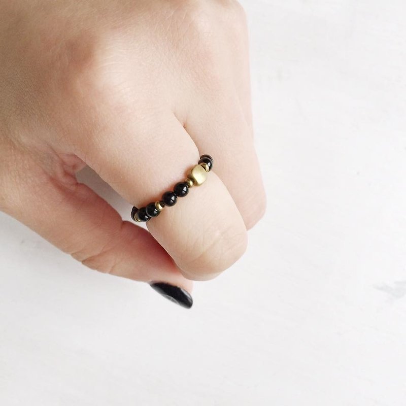 Agate黑玛瑙经典天然石弹性戒指 - 戒指 - 宝石 黑色