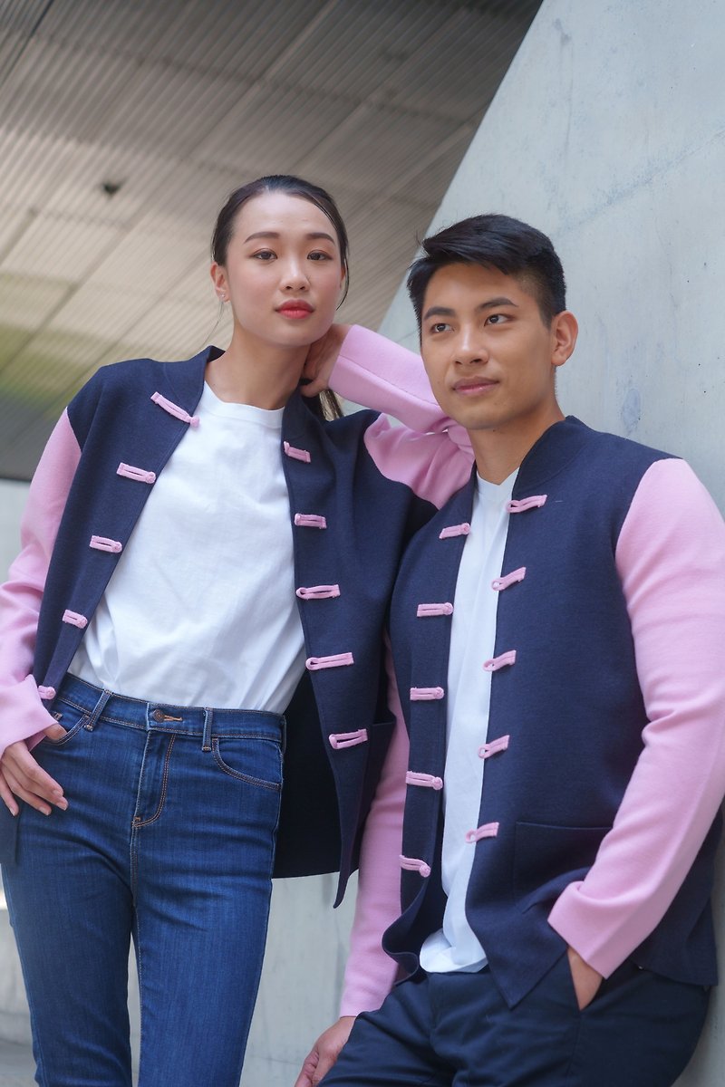100% 美利奴羊毛唐装外套 (深蓝色/粉红色) |香港设计|经典 - 男装外套 - 羊毛 粉红色