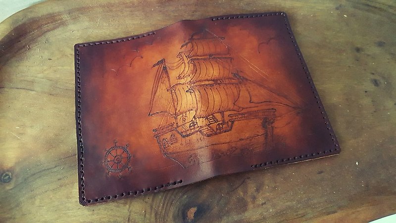 定制古帆船复古纯牛皮护照夹 (订做情人、生日送礼) - 护照夹/护照套 - 真皮 咖啡色