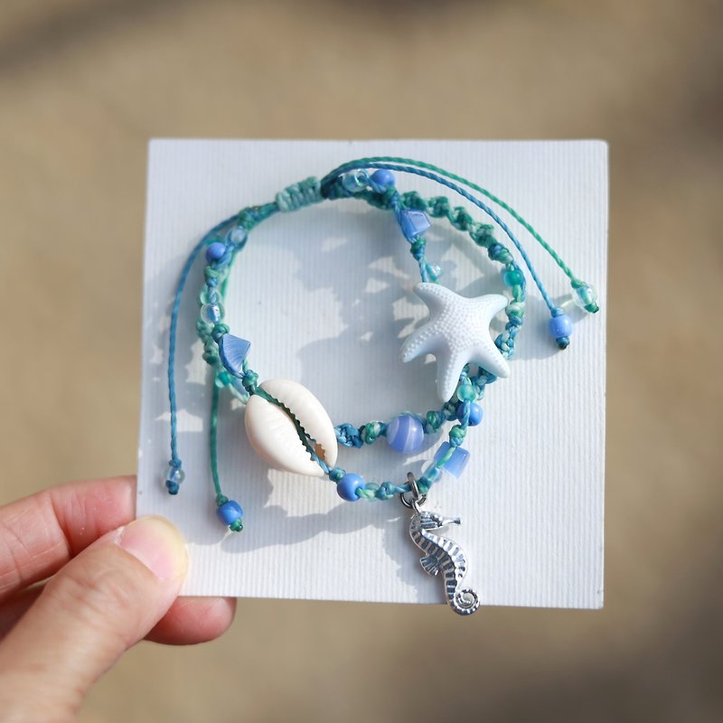 海马海星壳天然石编织蜡绳双层手链 - 手链/手环 - 绣线 蓝色