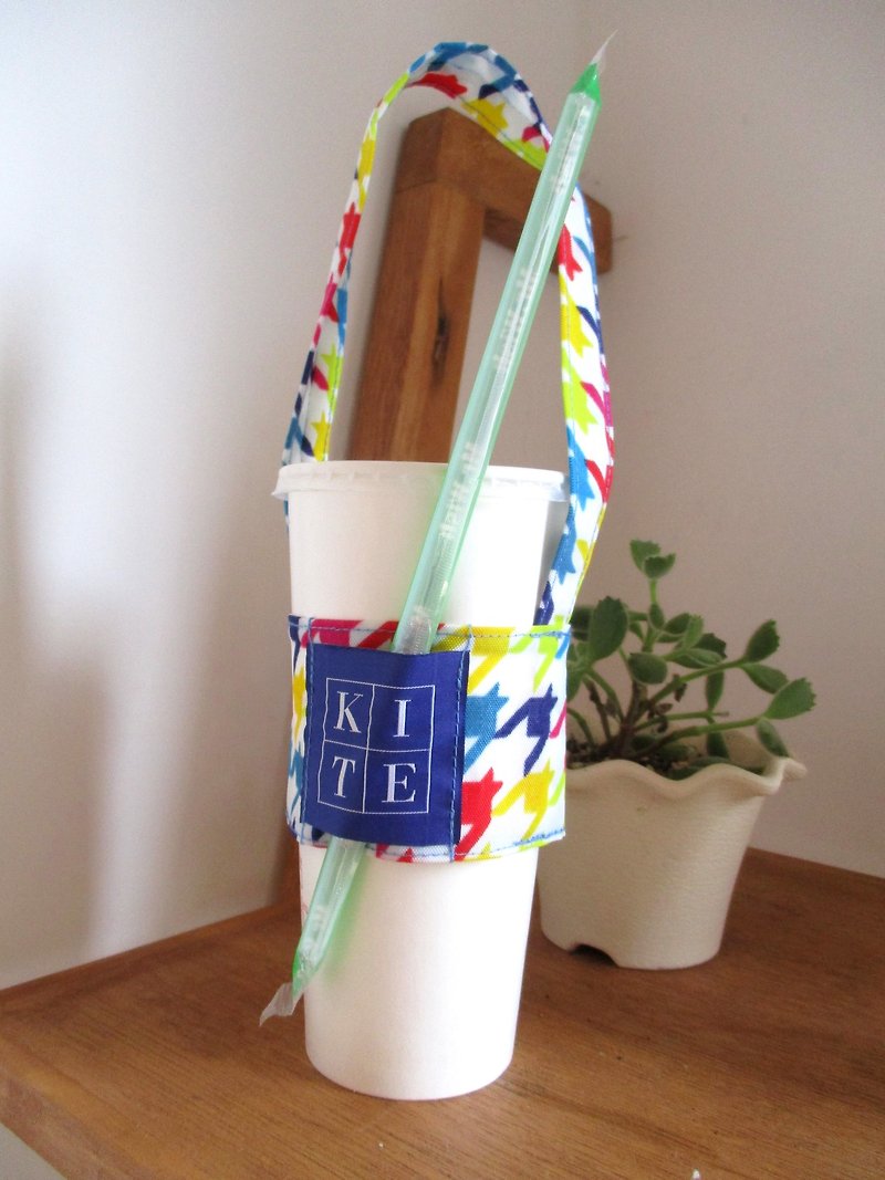 小风筝-环保杯套-彩色千鸟纹 - 随行杯提袋/水壶袋 - 其他材质 多色
