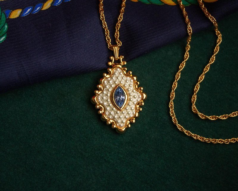 美国Avon品牌古董 维多利亚复兴风格菱形仿珍珠镶蓝莱茵石 长项链 - 项链 - 其他金属 蓝色