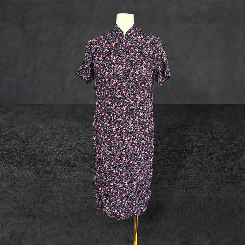 二手 黑紫粉红 印花 轻薄 略弹性 古董订制 短袖 旗袍 PF721 - 洋装/连衣裙 - 聚酯纤维 黑色