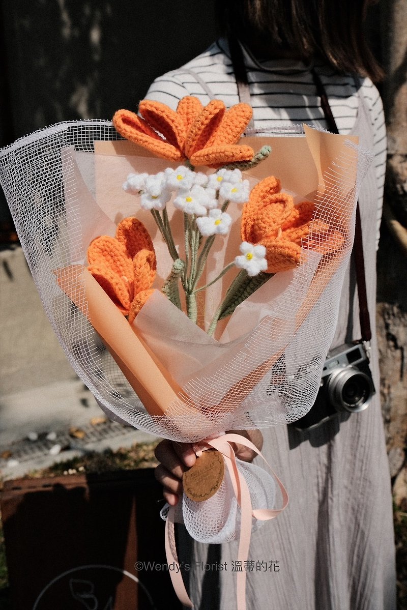 针织花束4朵_橘子汽水_含白色橱窗提袋 - 干燥花/捧花 - 棉．麻 多色