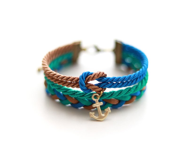 Nautical wrap bracelet in with anchor in vivid blue / chocolate / sea green - 手链/手环 - 其他材质 多色