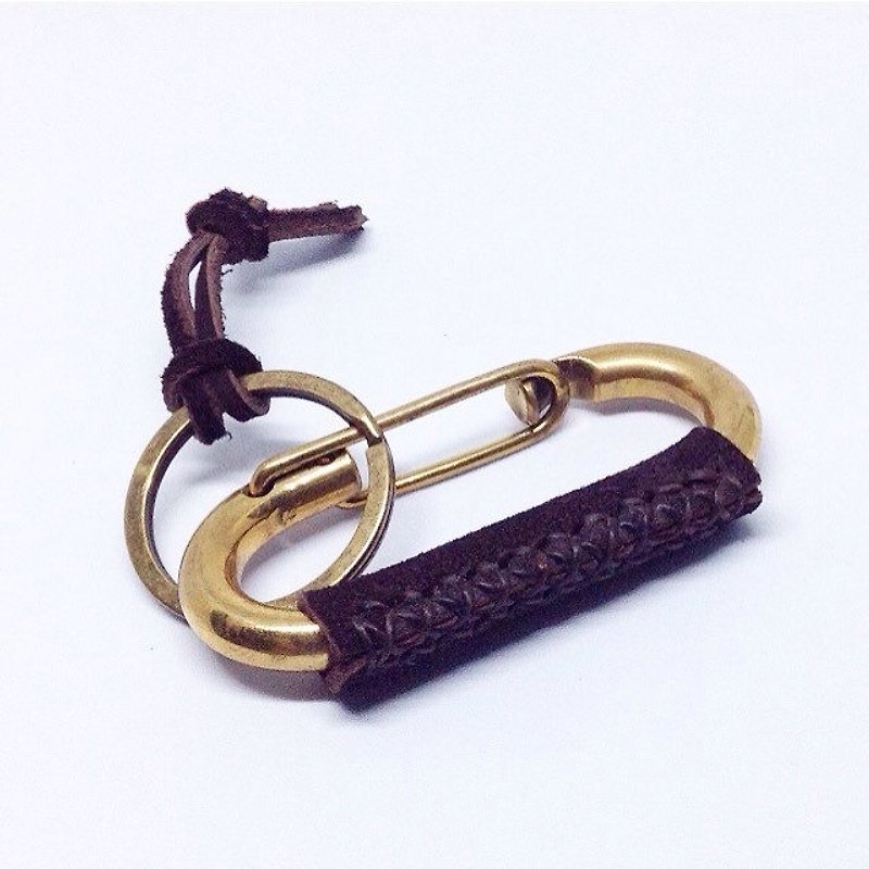 Brass tone Carabiner leather wrapped keychain, Key ring, Key fob, Dark brown Nubuck leather. - 钥匙链/钥匙包 - 真皮 
