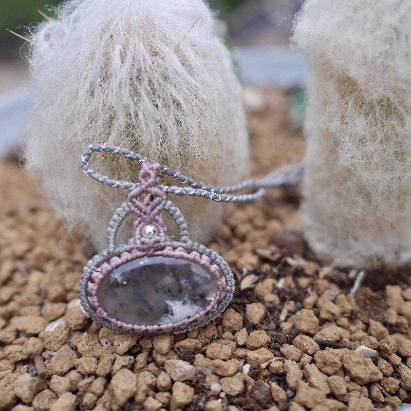 天然水晶 树纹玛瑙 花边编织项链 - 项链 - 宝石 银色