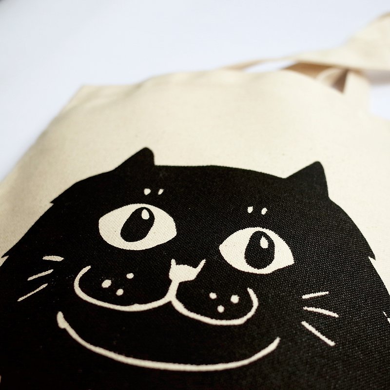 大猫侧背袋 / 环保袋 / 黑微笑波斯猫 / 厚款 / 米黄+黑 - 侧背包/斜挎包 - 棉．麻 黑色