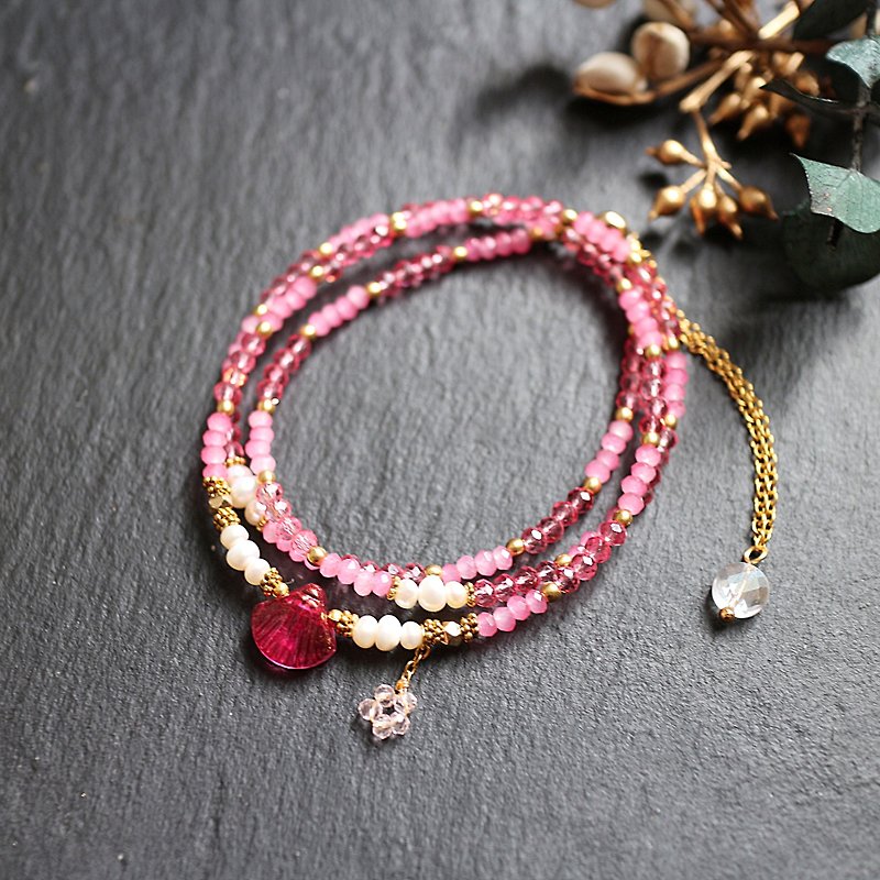 不锈钢玻璃珍珠三层调节式手链项链两用链桃红色 - 手链/手环 - 玻璃 粉红色