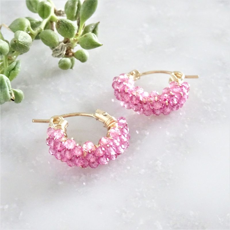 送料無料14kgf*宝石質 Pink Topaz pavé pierced earring / earring - 耳环/耳夹 - 宝石 粉红色