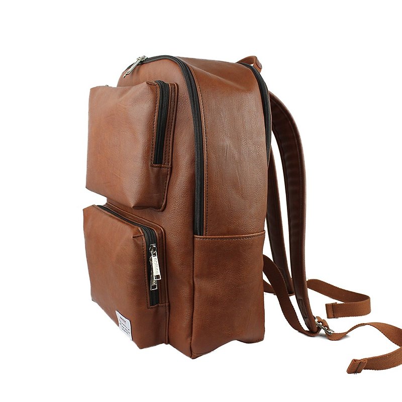 AMINAH-棕色多口袋后背包【am-0302】 - 后背包/双肩包 - 人造皮革 咖啡色
