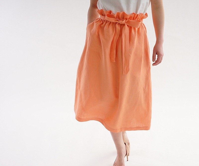 ベルギーリネン　ダブルループのゴムスカート/カピュシーヌ s010a-cpn2 - 裙子 - 棉．麻 橘色