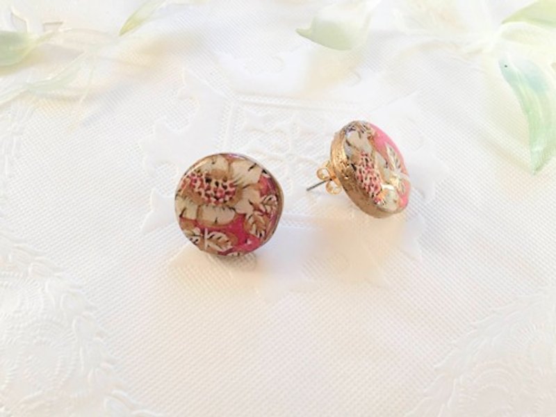Kintsugi x Kashmir Hand Paint Earrings Gold x Pink Round shape