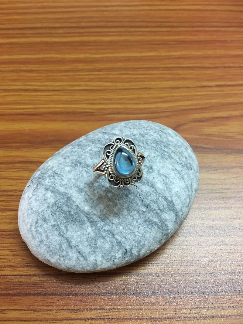 蛋面 托帕石 戒指 尼泊尔 手工制 尼泊尔 手工制 925纯银 - 戒指 - 半宝石 蓝色