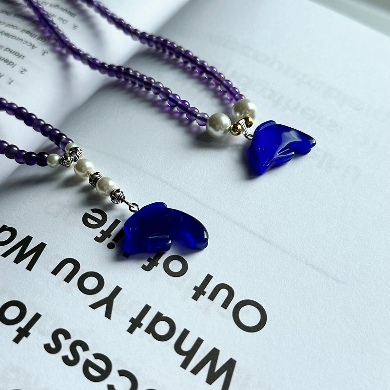 【蓝铃】紫晶 宝蓝猫眼 淡水珍珠 海豚 颈链项链 - 项链 - 半宝石 蓝色