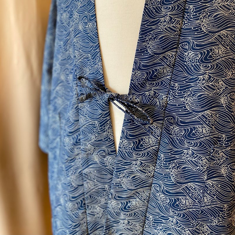 独家设计 日式细波浪 手工和式外套 / 长袖款 - 男装外套 - 棉．麻 蓝色