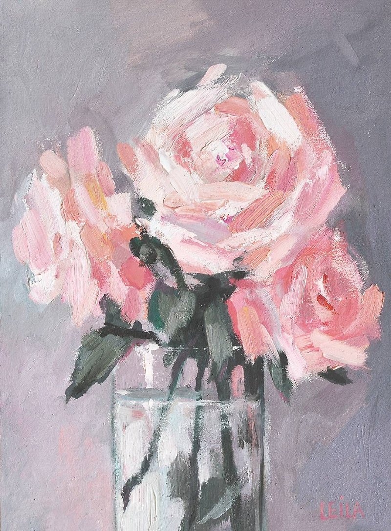 原创油画现代艺术浅粉色玫瑰 21x15 厘米粉色珍珠 - 插画/绘画/写字 - 其他材质 粉红色