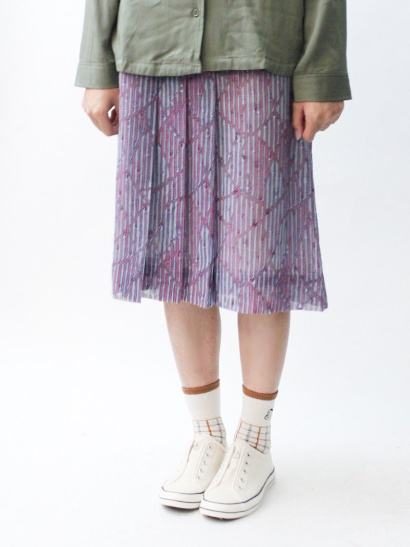 【RE1005SK181】秋复古紫红色条纹拼接点点古着裙 vintage skirt - 裙子 - 聚酯纤维 紫色
