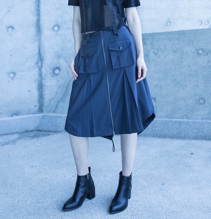 条纹A型半截裙 - 裙子 - 聚酯纤维 蓝色