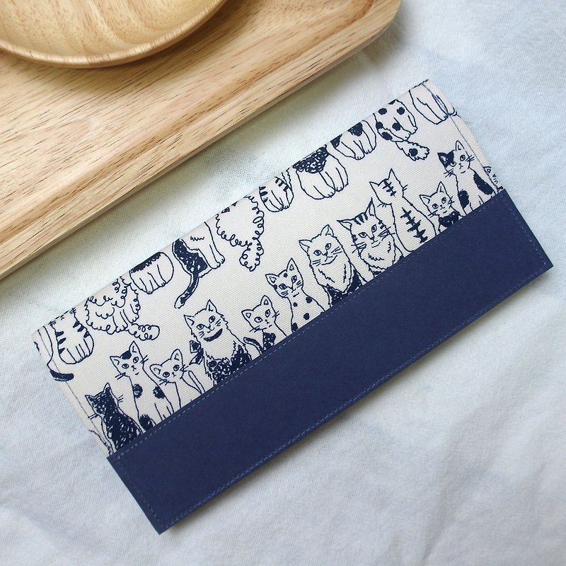 猫咪排排站 日本布 水洗牛皮纸夹 | 长夹 钱包 - 皮夹/钱包 - 纸 蓝色